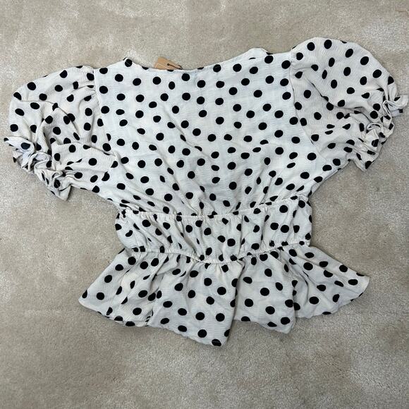 SHEIN Frenchy Polka Dot Print Tie Front Short Puff Sleeve Blouse Sz M - Picture 9 of 12